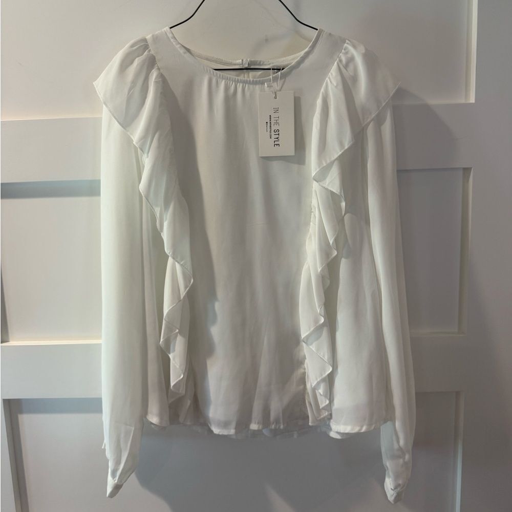 New In The Style White Ruffle long Sleeve Lightweight Blouse size 16